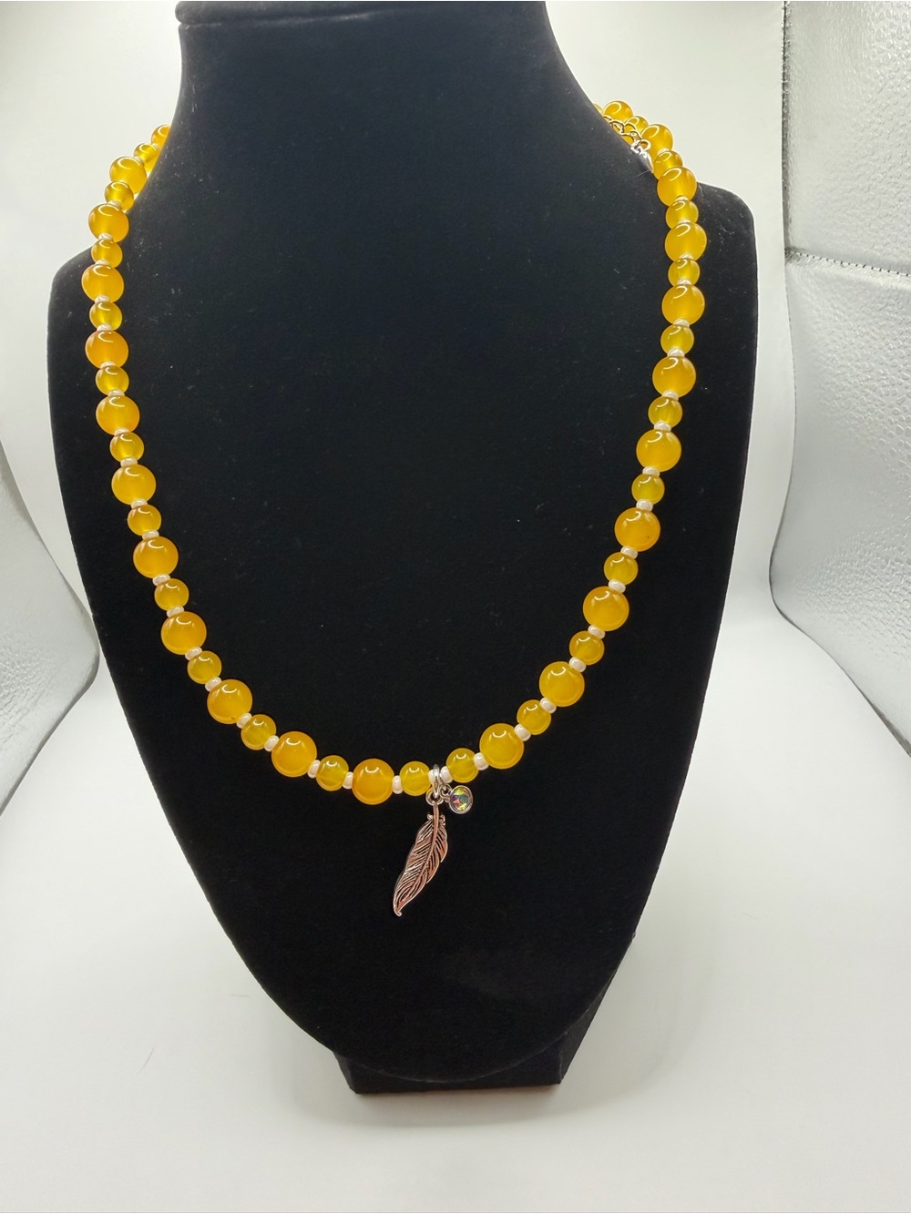 Yellow Beaded Necklace with Feather Charm - Women's Jewelry